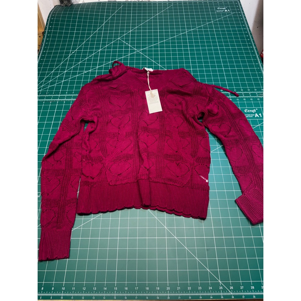 Grace & Lace Heart Pointelle Knit Sweater Magenta Pink V-Neck XS NWT 3J01